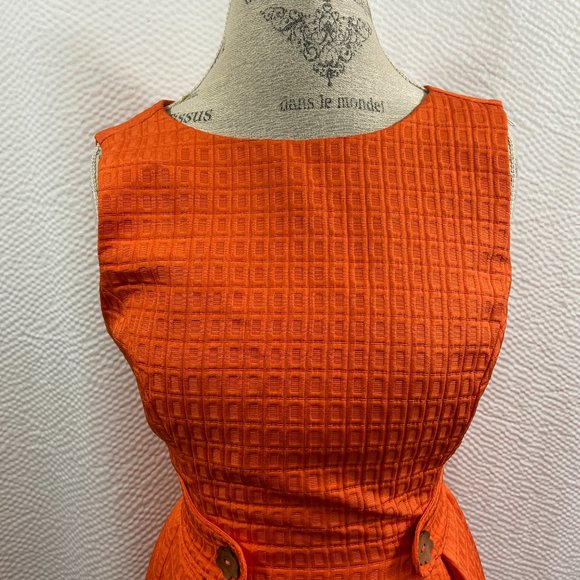 Modcloth 60's look A-Line Pleated Tangerine Orange Textured Lined Mini Dress - Picture 3 of 11